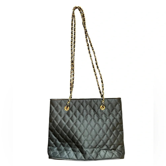 Vintage St. John Womens Black Canvas Quilted Tote Chain Strap - Picture 11 of 16